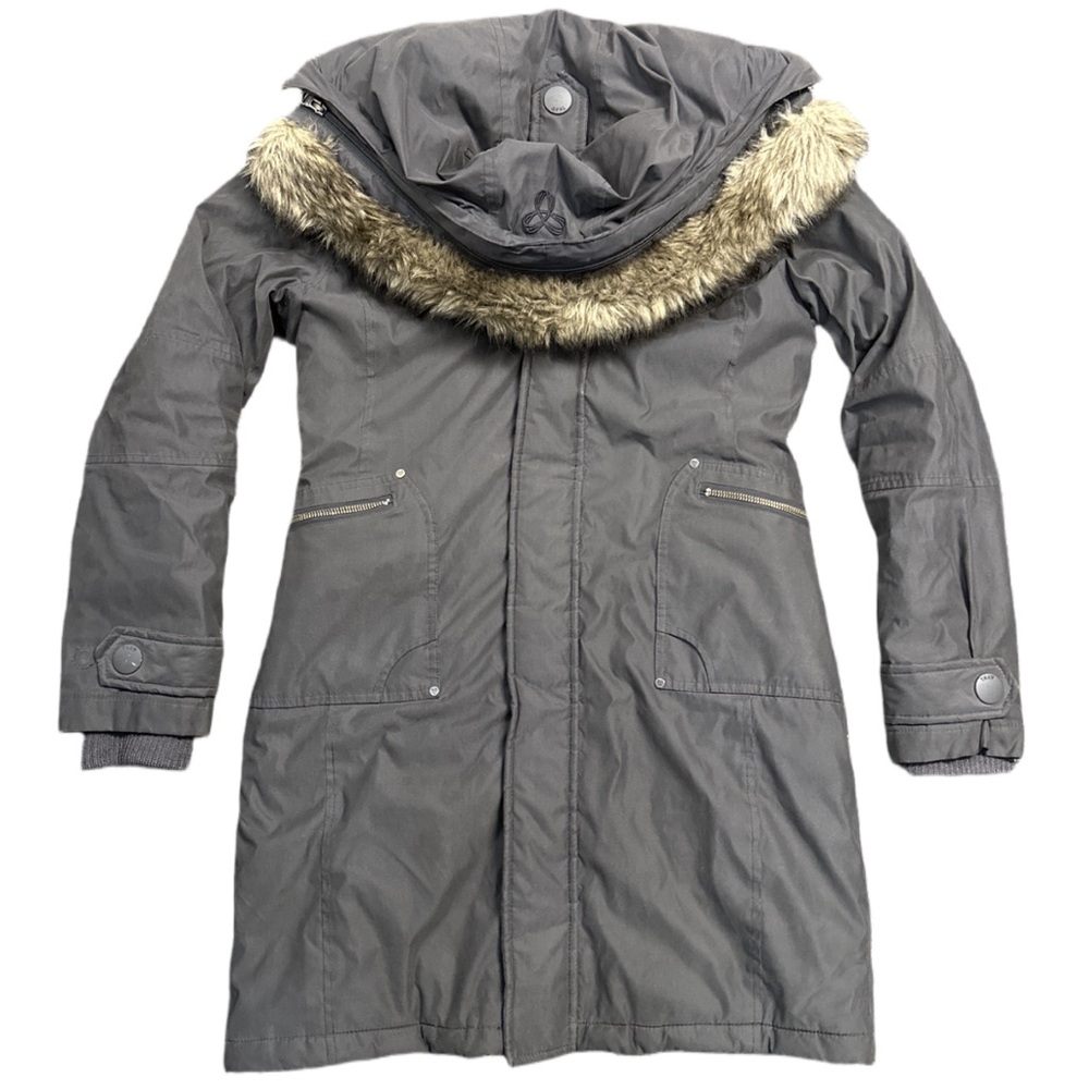 TNA women's grey + brown faux fur "verbier" long winter parka, S.